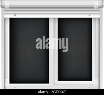 Double fenêtre en plastique réaliste avec store ouvert. Volet roulant blanc avec fenêtre en plastique. Grandes fenêtres ouvertes isolées sur fond blanc. Illustration de Vecteur