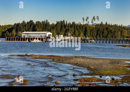 Vue depuis le parc Beaver Harbour, Story's Beach, de Seagate Pier and Wharf, Port Hardy, île de Vancouver, C.-B., Canada Banque D'Images