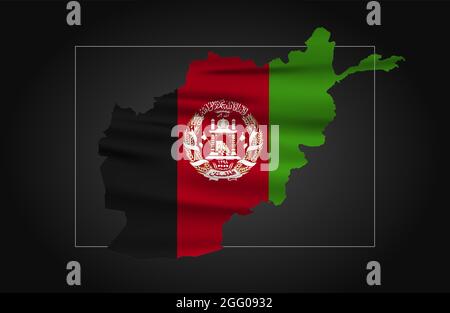 Carte de l'Afghanistan à l'intérieur du drapeau de l'Afghanistan sur fond de dégradé noir. Illustration de Vecteur