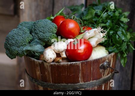 Tomates cueillies à la main, brocoli, oignons verts, persil dans un seau rustique Banque D'Images