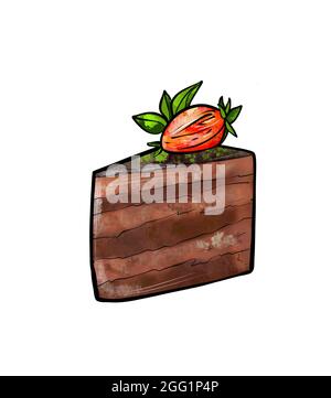 illustration d'un dessin coloré de bonbons: un morceau de gâteau avec des couches de brun, trempé dans le chocolat et la fraise pour la décoration sur un fond blanc isolé. Illustration de haute qualité Banque D'Images
