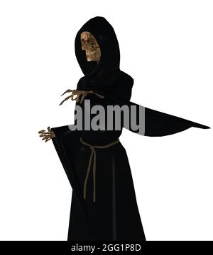 Squelette numériquement rendu en robe à capuche noire, couche sombre, illustration 3d. Banque D'Images