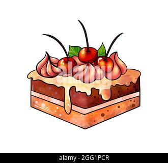 Illustration d'un dessin coloré de bonbons: Gâteau carré orange-brun recouvert de crème et décoré de noix et de cerises rouges sur un fond blanc isolé. Illustration de haute qualité Banque D'Images