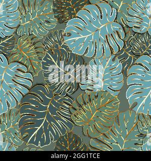 Beaucoup de jolies feuilles de palmier vert avec contour doré, moderne mode sans couture motif Illustration de Vecteur