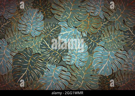 Beaucoup de jolies feuilles de palmier vert avec un contour doré, moderne mode passé arrière-plan Illustration de Vecteur