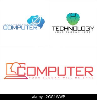 Technologie avec ordinateur d'icône et vecteur de conception de logo de cerveau Illustration de Vecteur
