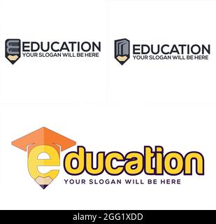 Logo Education avec logo initial livre-crayon et motif de chapeau de graduation Illustration de Vecteur