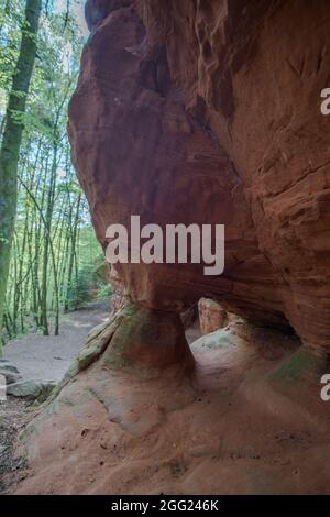 Rockformation d'Altschlossfelsen de grès rouge dans la forêt près d'Eppenbrunn, Allemagne Banque D'Images