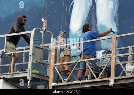 VINNYTSIA, UKRAINE - 27 AOÛT 2021 - les artistes Oleksandr Nykytiuk (R) et Viktor Podrezov complètent leur travail sur la fresque du rêve spatial sur le mur de Banque D'Images