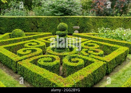 Houghton Lodge Gardens dans le Hampshire, Angleterre, Royaume-Uni, en août ou en été. Le Peacock Garden avec des haies topiaires Banque D'Images