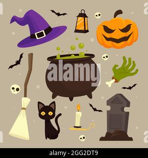 Illustration vectorielle de l'ensemble d'éléments d'halloween plats dessinés à la main. Illustration de Vecteur