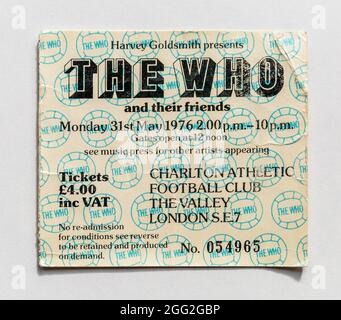 Un talon de billet des années 1970 pour « The Who » au Charlton Athletic football Ground, Londres, Angleterre Banque D'Images