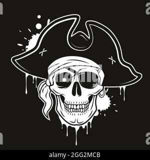 Crâne pirate avec patch oculaire, chapeau, bandana, œil brillant. Illustration vectorielle dessinée à la main isolée sur fond noir. Illustration de Vecteur