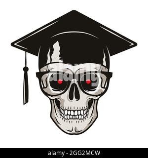 Crâne humain avec capuchon, lunettes et yeux rouges isolés sur fond blanc. Illustration vectorielle grunge. Illustration de Vecteur