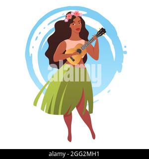 Jeune femme en jupe hawaïenne traditionnelle avec guitare ukulele. Illustration vectorielle isolée sur fond blanc. Illustration de Vecteur