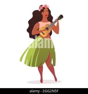 Jeune danseuse hula en jupe hawaïenne traditionnelle avec guitare ukulele. Illustration vectorielle isolée sur fond blanc. Illustration de Vecteur