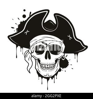 Crâne pirate avec patch oculaire, chapeau, bandana, œil brillant. Illustration vectorielle dessinée à la main isolée sur fond blanc. Illustration de Vecteur