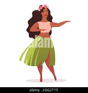 Jeune danseuse hula en jupe hawaïenne traditionnelle et couronne fleurie sur sa tête. Illustration vectorielle isolée sur fond blanc. Illustration de Vecteur