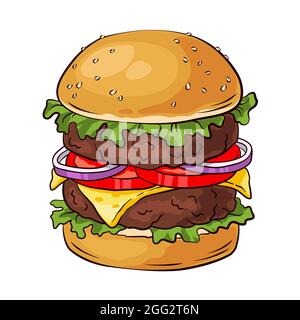 Double hamburger. Cheeseburger à la main coloré, illustration du vecteur de restauration rapide. Illustration de Vecteur