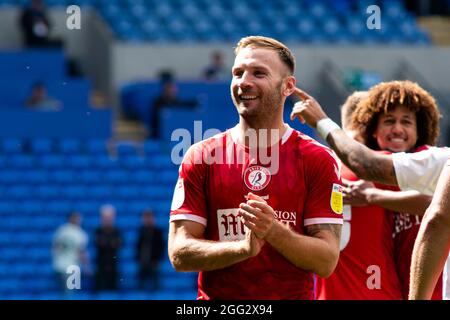 Andreas Weimann de Bristol City célèbre à plein temps. EFL Skybet Championship Match, Cardiff City et Bristol City au Cardiff City Stadium à Cardiff, pays de Galles, le samedi 28 août 2021. Cette image ne peut être utilisée qu'à des fins éditoriales. Utilisation éditoriale uniquement, licence requise pour une utilisation commerciale. Aucune utilisation dans les Paris, les jeux ou les publications d'un seul club/ligue/joueur. photo par Andrew Orchard/Andrew Orchard sports photographie/Alamy Live news Banque D'Images