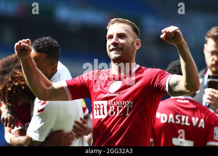 Cardiff City Stadium, Cardiff, Royaume-Uni. 28 août 2021. EFL Championship football, Cardiff versus Bristol City ; Andreas Weimann de Bristol City célèbre le gain 1-2 Credit: Action plus Sports/Alay Live News Banque D'Images