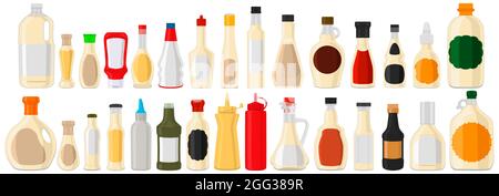 Illustration sur le thème grand kit de bouteilles de verre variées rempli de sirop de yogourt liquide. Bouteilles composées de sirop de yaourt, étiquettes vides pour les titres. yogourt syr