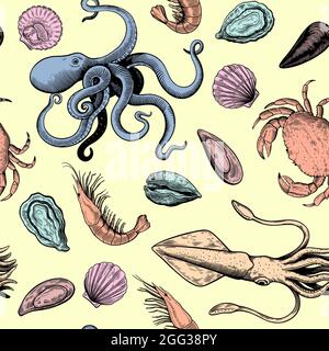 Motif sans couture avec éléments de fruits de mer dans le style de la coupe du bois et couleurs pastel délicates, mollusques, poulpes et crabes. Illustration de Vecteur