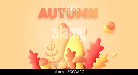 Les éléments graphiques 3d d'automne offrent une illustration graphique moderne des feuilles, de la pompons et de l'gland dans des couleurs jaunes sur fond bleu Illustration de Vecteur