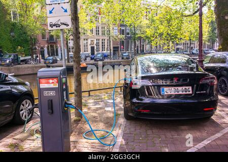 Amsterdam, Hollande, scènes de rue, Station de recharge de voitures électriques de ville, Tesla, vue arrière, extérieur Banque D'Images