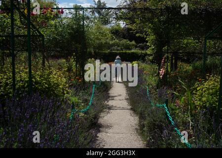 Femme marchant sur le chemin du jardin de Claude Monet (Fondation Claude Monet), Giverny, Normandie, France Banque D'Images