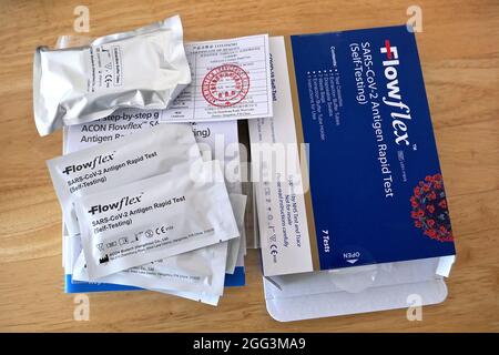 Le test pour les personnes sans symptômes de COVID-19 est appelé un test rapide de flux latéral. Cela implique généralement de frotter un long coton-tige (écouvillon) sur vos amygdales (ou où elles auraient été) et à l'intérieur de votre nez. Les tests donnent un résultat rapide en utilisant un dispositif semblable à un test de grossesse. Vous pouvez effectuer un test rapide à domicile ou sur un site de test de débit latéral rapide. Les recherches montrent que les tests rapides sont précis à 99.9%. Cela signifie que le risque d'obtenir un résultat faux positif (où le résultat se révèle positif mais est en fait négatif) est extrêmement faible. Banque D'Images