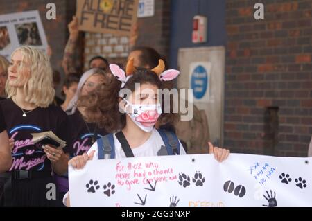 Londres, Angleterre. 28 août 2021. Rébellion animale prenant part à une Marche des droits des animaux, dans le cadre de la rébellion britannique de la rébellion d'extinction. Crédit : Jessica Girvan/Alay Live News Banque D'Images