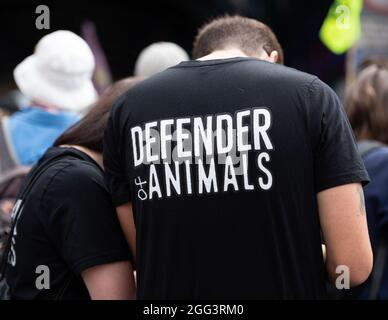 Londres, Royaume-Uni. 28 août 2021. Rébellion de l'extinction, protestation des droits des animaux. Crédit: Loredana Sangiuliano/Alamy Live News Banque D'Images