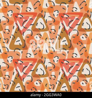 Pinceau à encre triangles motif sans couture. Formes géométriques dessinées à la main, motif peau aninale, palette de couleurs rouge orange transparent. Couleur blanche Illustration de Vecteur