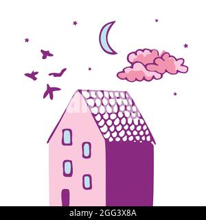 Illustration vectorielle d'une maison avec des oiseaux, ciel nocturne avec des étoiles et lune. Éléments de conception Doodle. Illustration de Vecteur