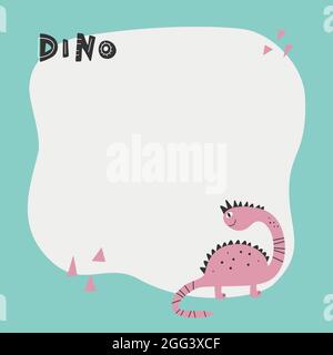 Un dinosaure mignon avec un cadre de buvard en dessin animé simple à la main. Modèle pour votre texte ou photo. Idéal pour les cartes, les invitations, les fêtes, la maternelle Illustration de Vecteur