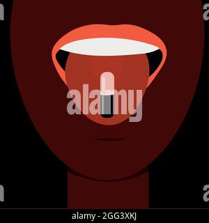 Une fille noire montre sa langue avec une capsule de médicament dans sa bouche. Vecteur plat Illustration de Vecteur