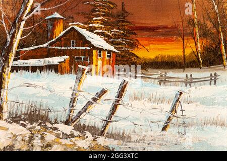 Fragment de peinture à l'huile d'une ancienne maison de grange au coucher du soleil paysage d'hiver. Concept des fêtes de Noël. Banque D'Images