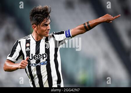 Turin, Italie. 28 août 2021. Paulo Dybala de Juventus FC gestes pendant la série UN match de football entre Juventus FC et Empoli FC. Credit: Nicolò Campo/Alay Live News Banque D'Images