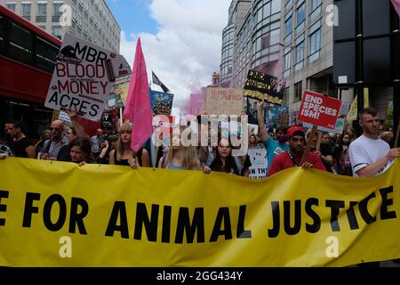 Londres, Royaume-Uni. 28 août 2021. Marche nationale des droits des animaux soutenue par la rébellion des animaux et la rébellion d'extinction. La marche a quitté le marché de la viande du Smithfield de Londres et a dépassé le siège d’Unilever et le Conseil des ministres de la Marine. Joao Daniel Pereira crédit: Joao Daniel Pereira/Alamy Live News Banque D'Images