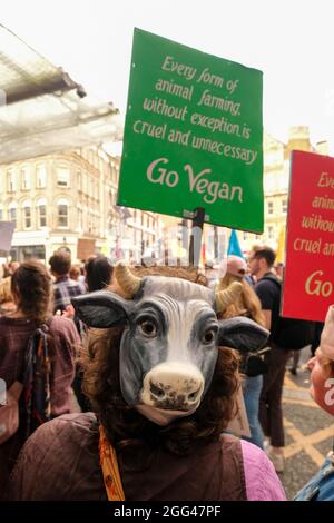 Londres, le 27 août 2021 : la rébellion de l'extinction, la marche de protestation de la rébellion animale débute au marché Smithfields dans la ville de Londres Banque D'Images