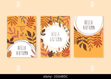 Bonjour automne. Abstrait feuilles art un ensemble de cartes postales dans les couleurs orange et marron. Feuilles d'automne et éléments de décoration. Illustration vectorielle Illustration de Vecteur