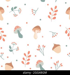 Éléments d'automne - champignons et plantes - sur fond blanc. Motif sans fin. Texture sans couture dessinée à la main pour l'emballage, les cartes, les textiles Illustration de Vecteur
