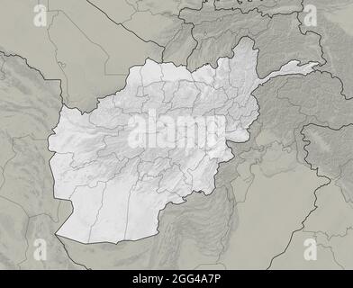 Carte satellite de l'Afghanistan, carte physique, reliefs et montagnes. Noir et blanc. Frontières du pays et division en provinces. rendu 3d Banque D'Images