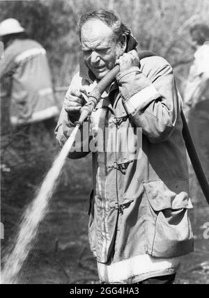 1990 : un membre de l'unité de pompiers volontaires aide à éteindre les feux d'herbe dans les zones rurales. ©Bob Daemmrich Banque D'Images