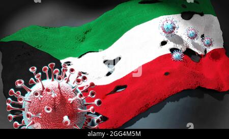 Covid au Koweït - coronavirus attaquant un drapeau national du Koweït comme symbole d'un combat et d'une lutte contre la pandémie de virus dans ce pays, 3d illu Banque D'Images