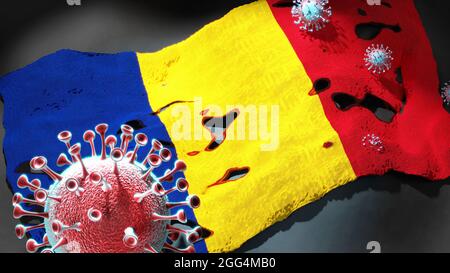 Covid en Roumanie - coronavirus attaquant un drapeau national de la Roumanie comme un symbole d'un combat et de la lutte contre la pandémie de virus dans ce pays, 3d il Banque D'Images