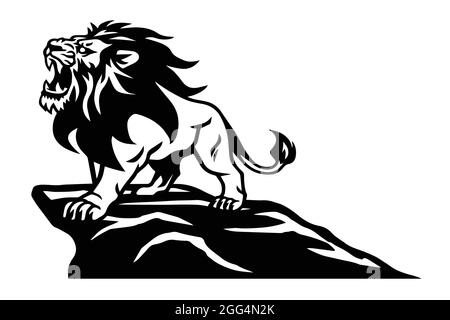 Logo Lion Roaring sur l'illustration du vecteur Mountain Hill Illustration de Vecteur