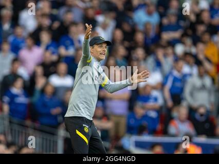 Liverpool. 29 août 2021. Thomas Tuchel, le gérant de Chelsea, réagit lors du match de la Premier League entre Liverpool et Chelsea à Anfield à Liverpool, en Grande-Bretagne, le 28 août 2021. Credit: Xinhua/Alay Live News Banque D'Images