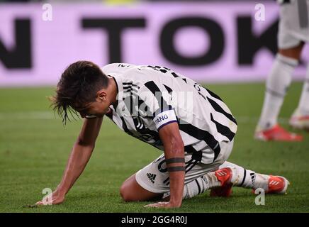 Turin, Italie. 28 août 2021. Paulo Dybala du FC Juventus réagit lors d'un match de football de série ENTRE le FC Juventus et Empoli à Turin, en Italie, le 28 août 2021. Credit: Federico Tardito/Xinhua/Alamy Live News Banque D'Images